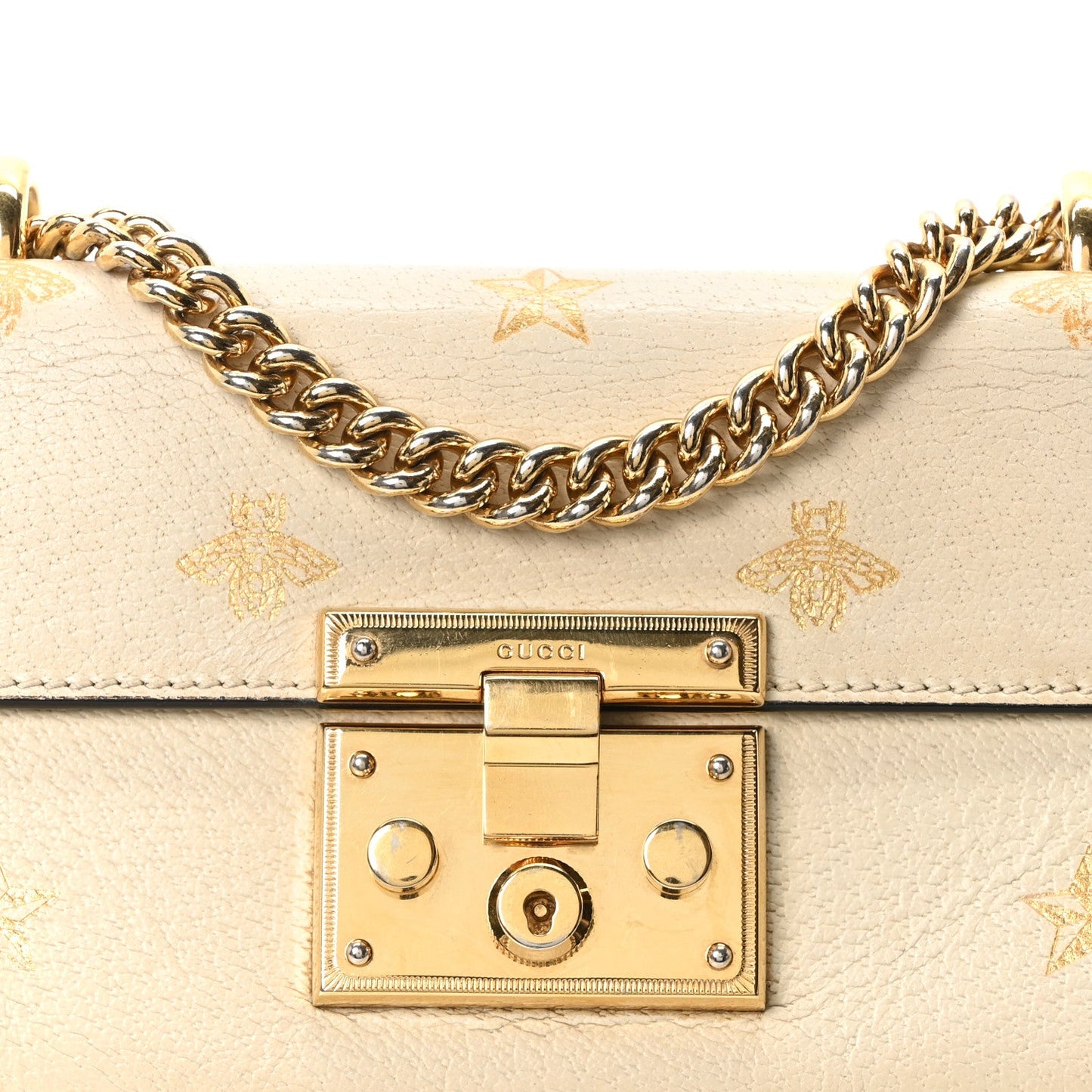 Grained Calfskin Bee Star Small Padlock Shoulder Bag White