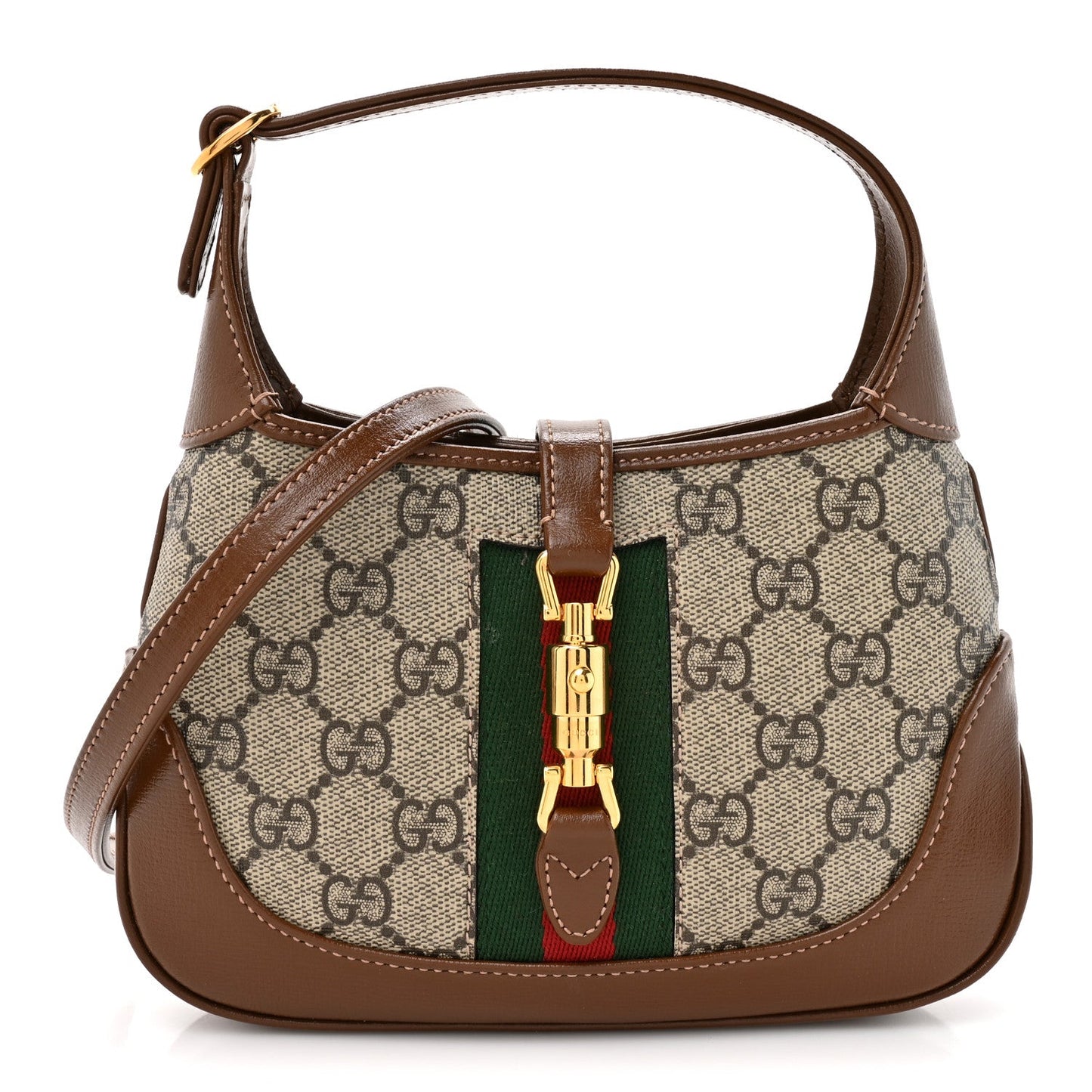 GG Supreme Monogram Azalea Calfskin Web Mini Jackie 1961 Hobo Beige Ebony Brown Sugar