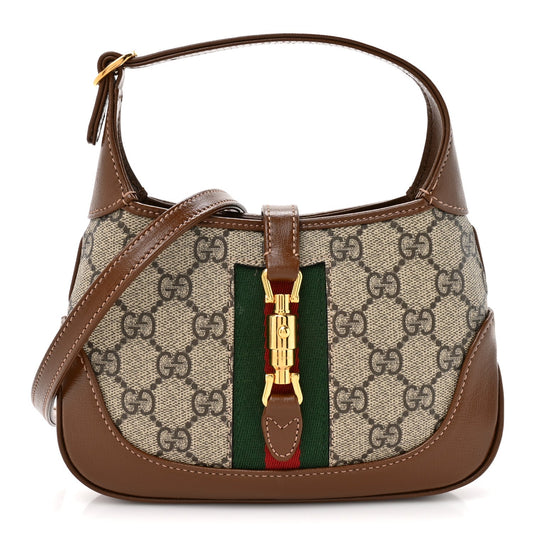 GG Supreme Monogram Azalea Calfskin Web Mini Jackie 1961 Hobo Beige Ebony Brown Sugar