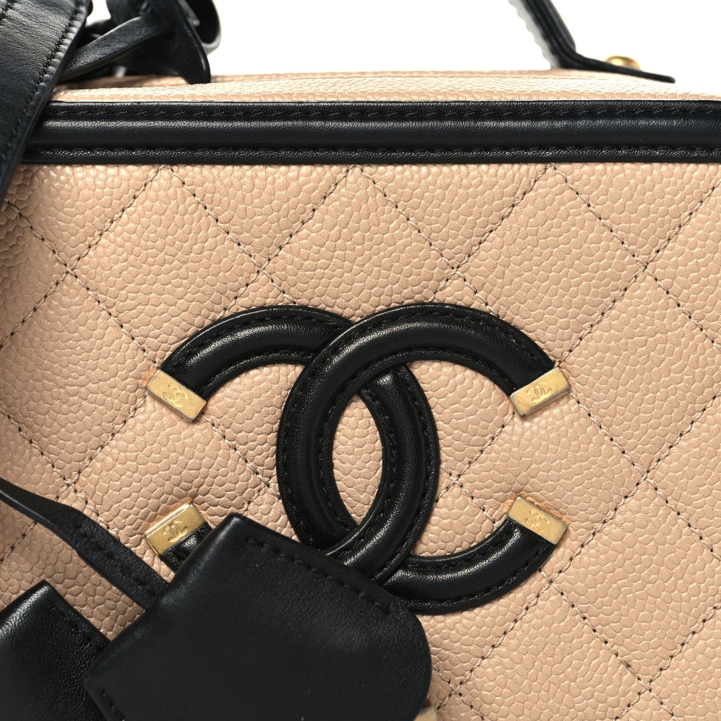 Caviar Quilted Small CC Filigree Vanity Case Beige Black