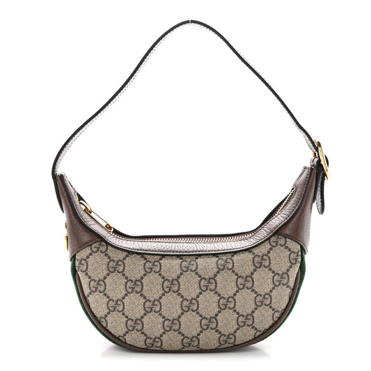 GG Supreme Monogram Textured Calfskin Web Mini Ophidia Half Moon Hobo Beige Ebony New Acero