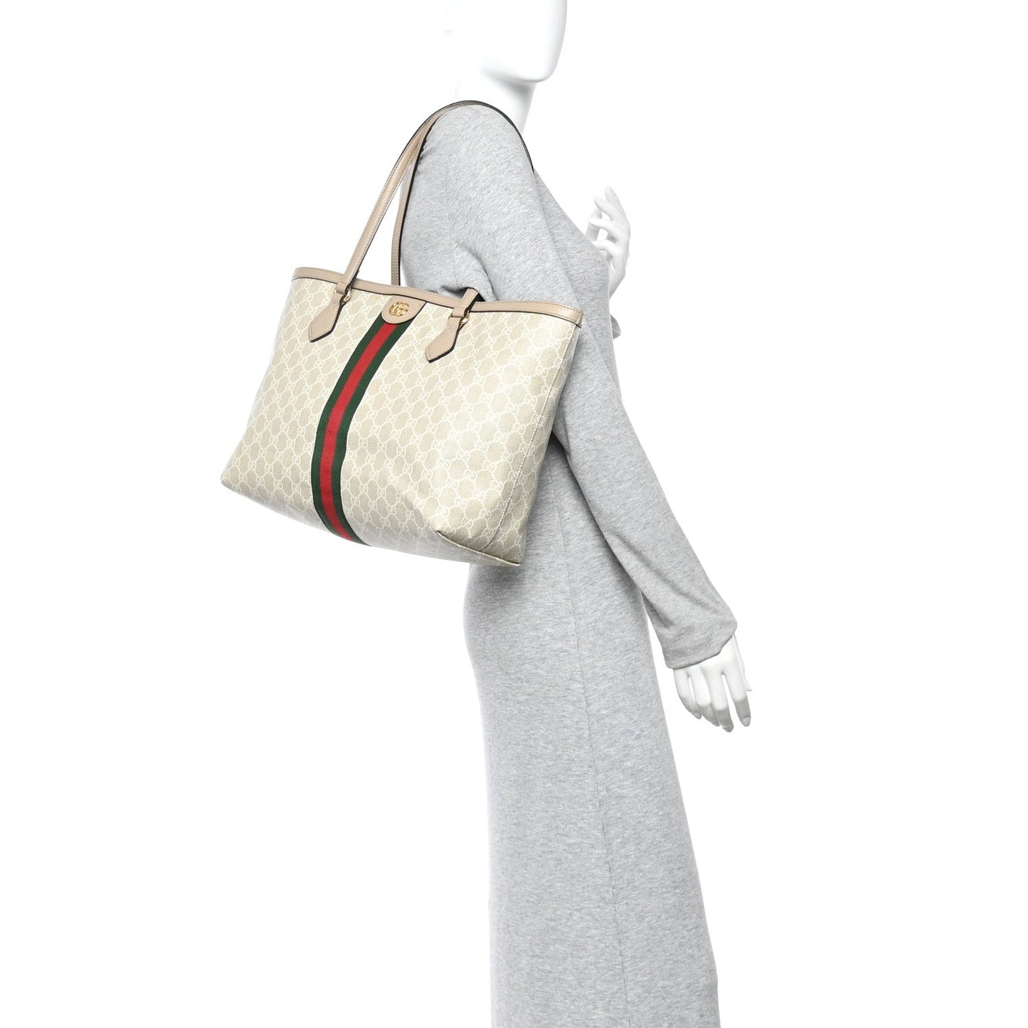 GG Supreme Monogram Textured Dollar Calfskin Web Medium Ophidia Shopping Tote Beige Mystic White Oatmeal