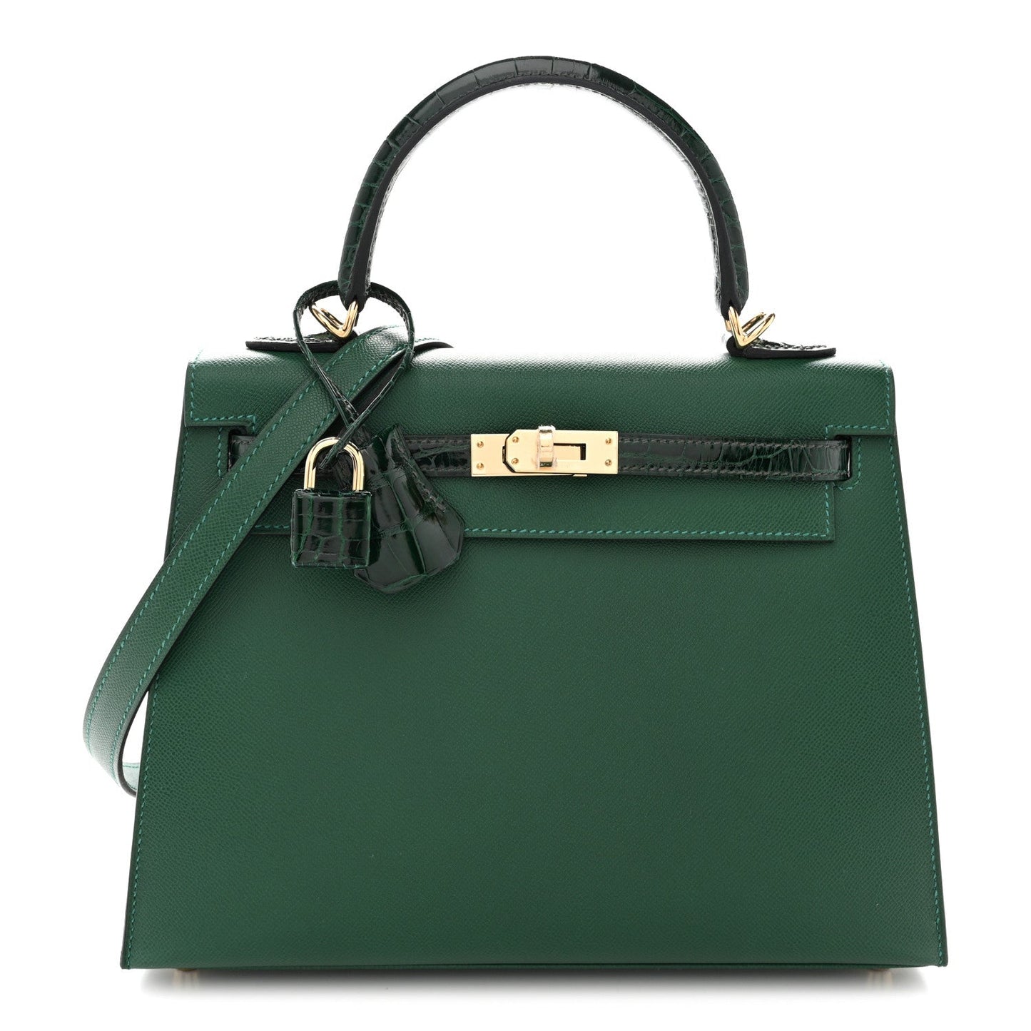 Madame Calfskin Shiny Alligator Kelly Sellier Touch 25 Vert Moyen