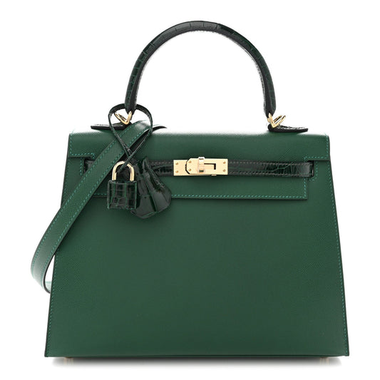 Madame Calfskin Shiny Alligator Kelly Sellier Touch 25 Vert Moyen