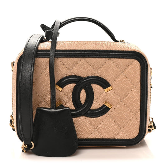 Caviar Quilted Small CC Filigree Vanity Case Beige Black