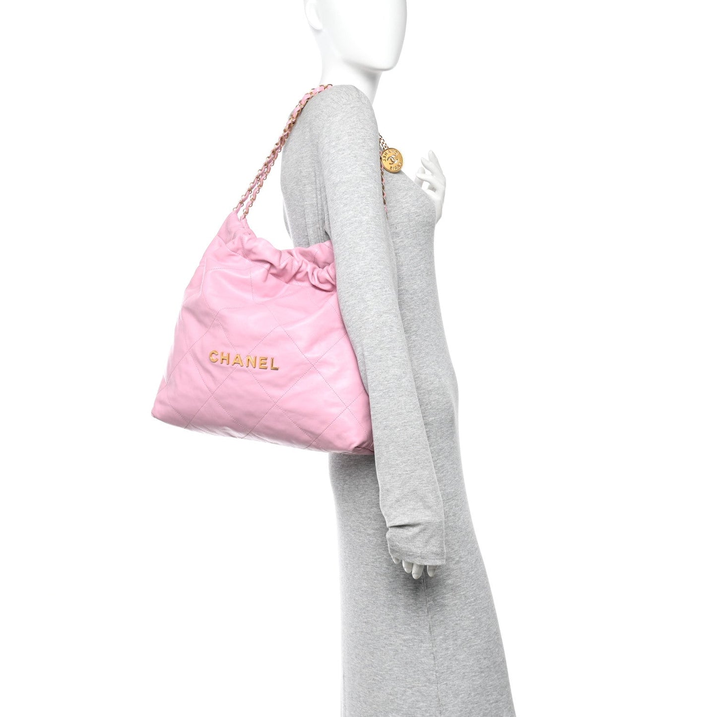 Shiny Calfskin Quilted Chanel 22 Drawstring Bag Pink