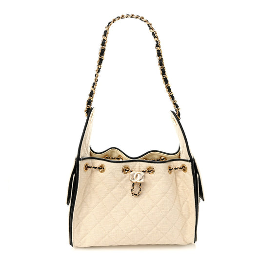 Braided Raffia Calfskin Quilted Small Chanel 25 Handbag White Black