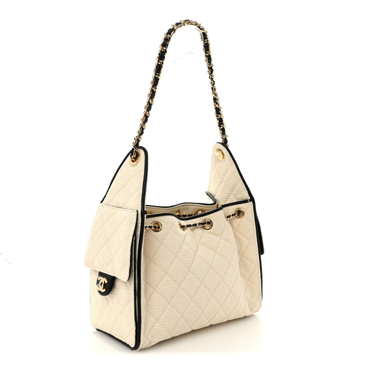 Braided Raffia Calfskin Quilted Small Chanel 25 Handbag White Black