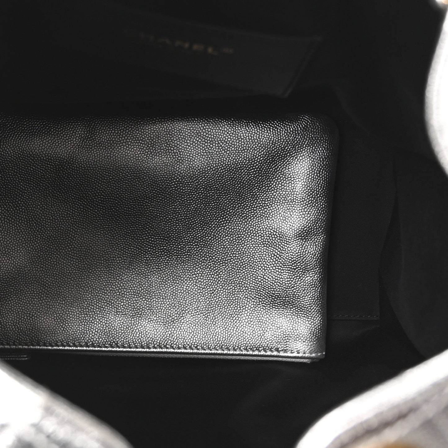 Metallic Caviar Quilted Medium Chanel 25 Handbag Silver