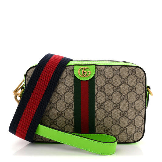 GG Supreme Monogram Textured Dollar Calfskin Web Ophidia Wristlet Shoulder Bag Beige Ebony Green