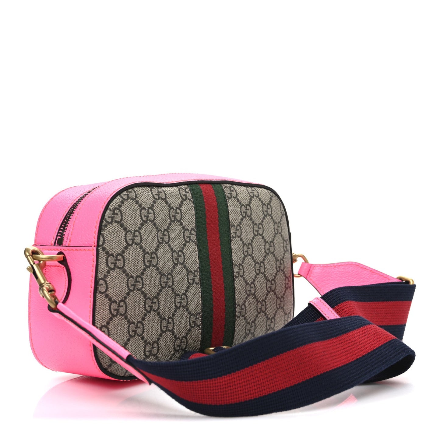 GG Supreme Monogram Textured Dollar Calfskin Web Ophidia Small Crossbody Bag Beige Ebony Fuchsia