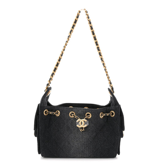 Washed Denim Quilted Mini Chanel 25 Handbag Black