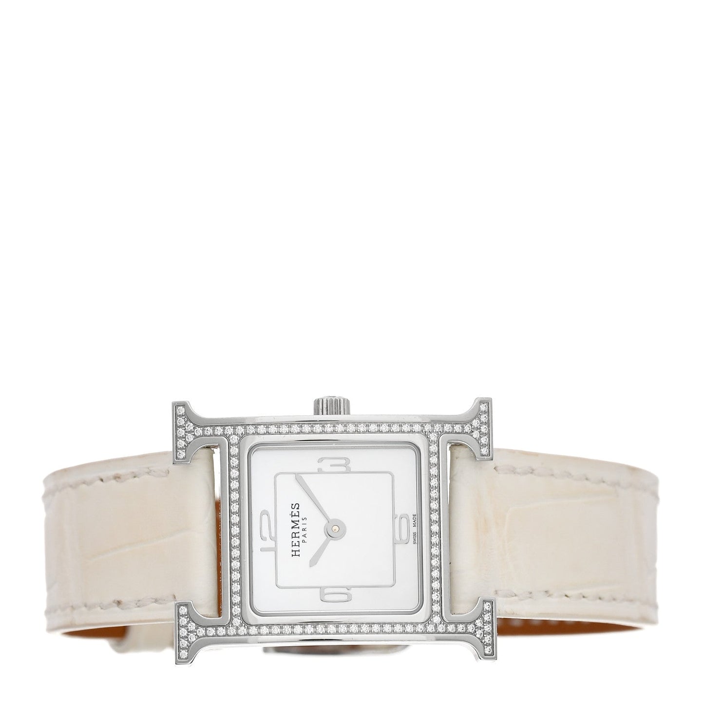 Stainless Steel Alligator Diamond Bezel Mother of Pearl 21mm Heure H Hour Quartz Watch Blanc