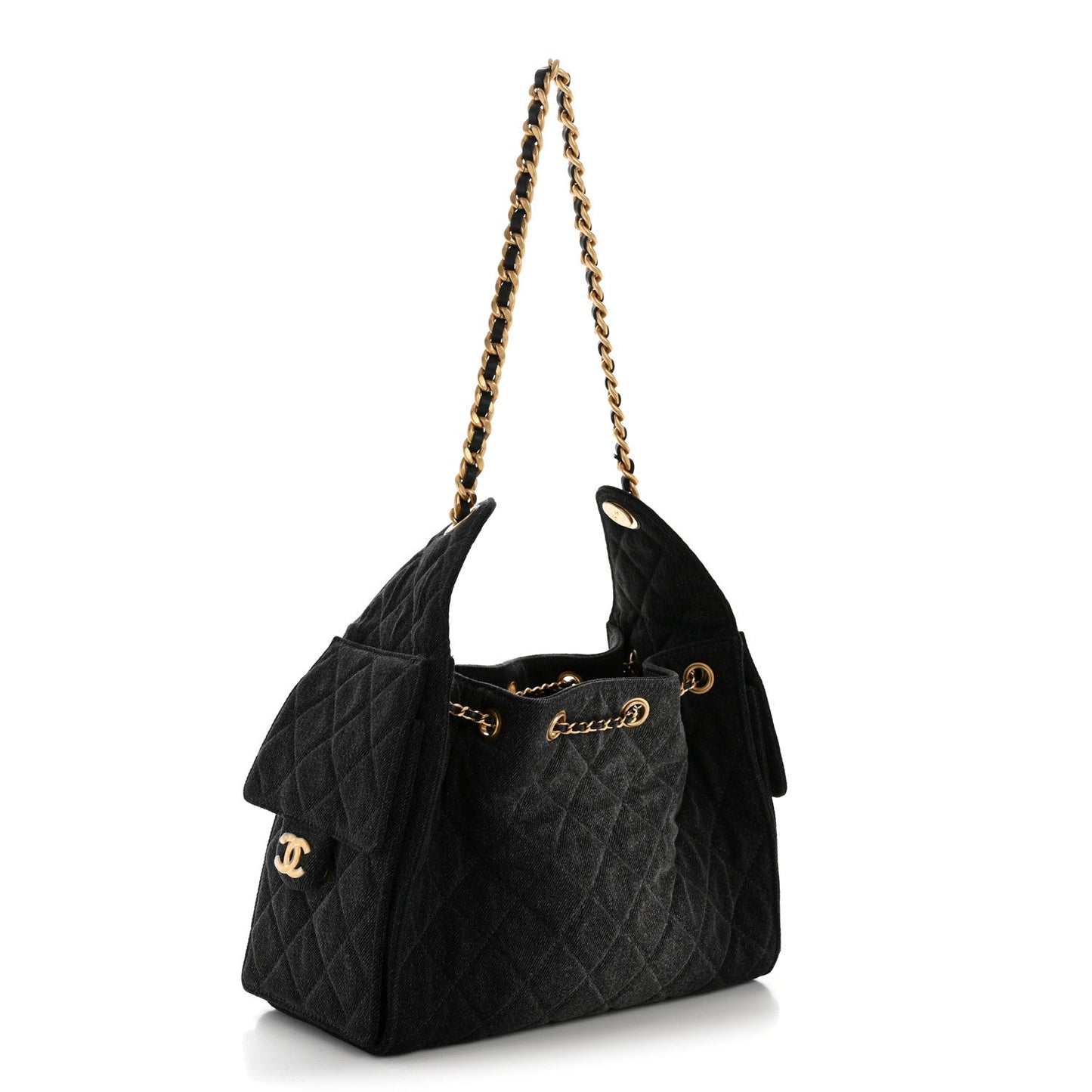 Washed Denim Quilted Small Chanel 25 Handbag Black
