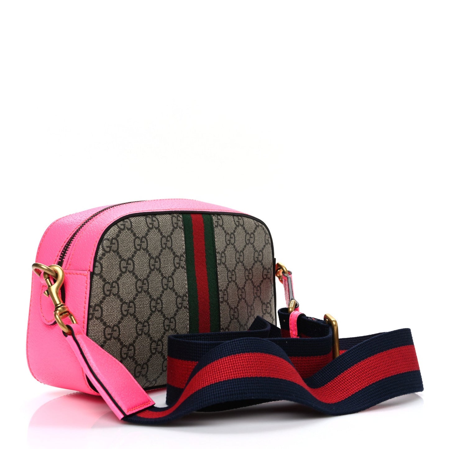 GG Supreme Monogram Textured Dollar Calfskin Web Ophidia Small Crossbody Bag Beige Ebony Fuchsia