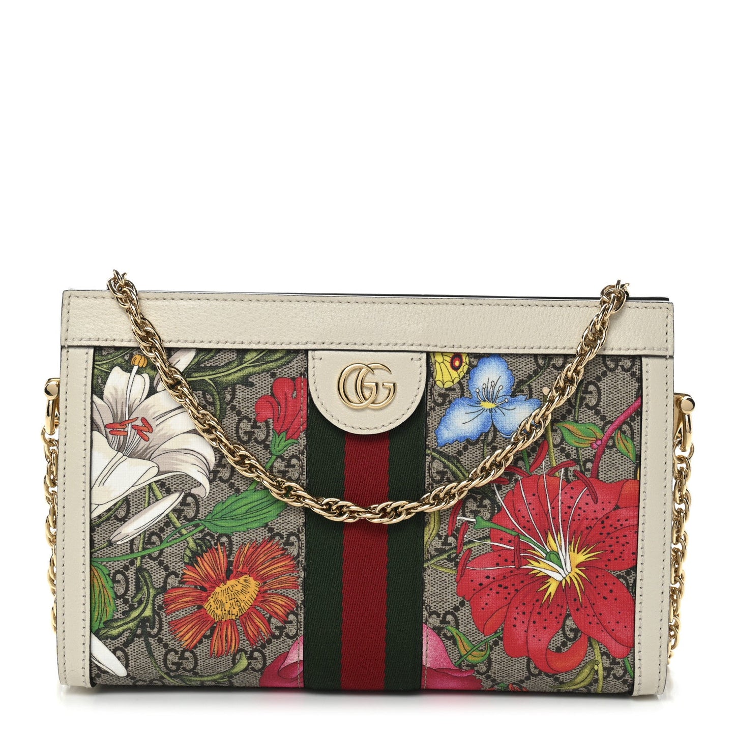 GG Supreme Monogram Flora Web Small Ophidia Chain Shoulder Bag White