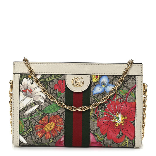 GG Supreme Monogram Flora Web Small Ophidia Chain Shoulder Bag White