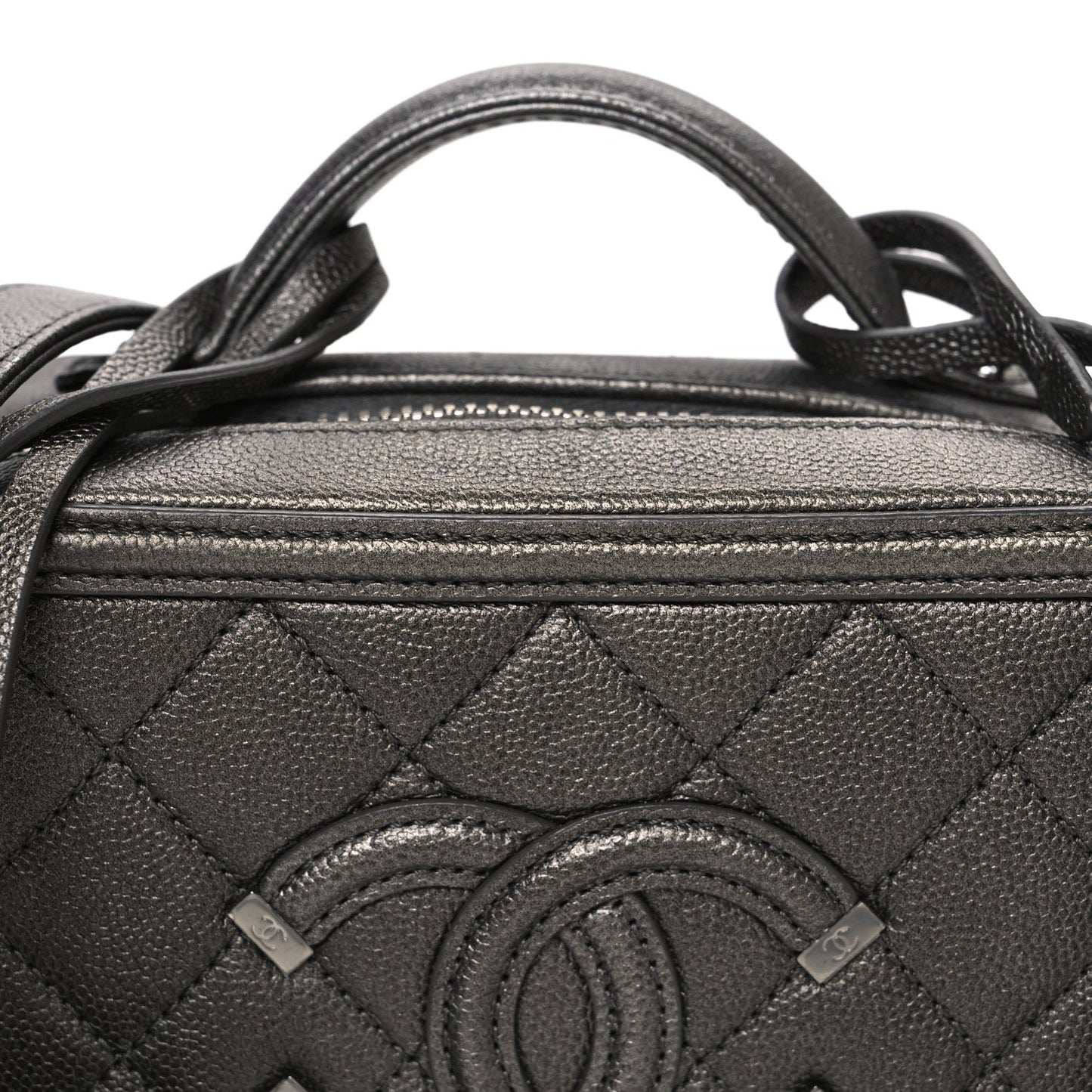 Metallic Caviar Quilted Small CC Filigree Vanity Case Dark Silver