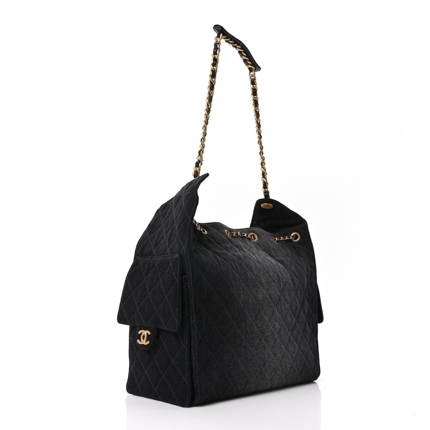 Washed Denim Quilted Medium Chanel 25 Handbag Black