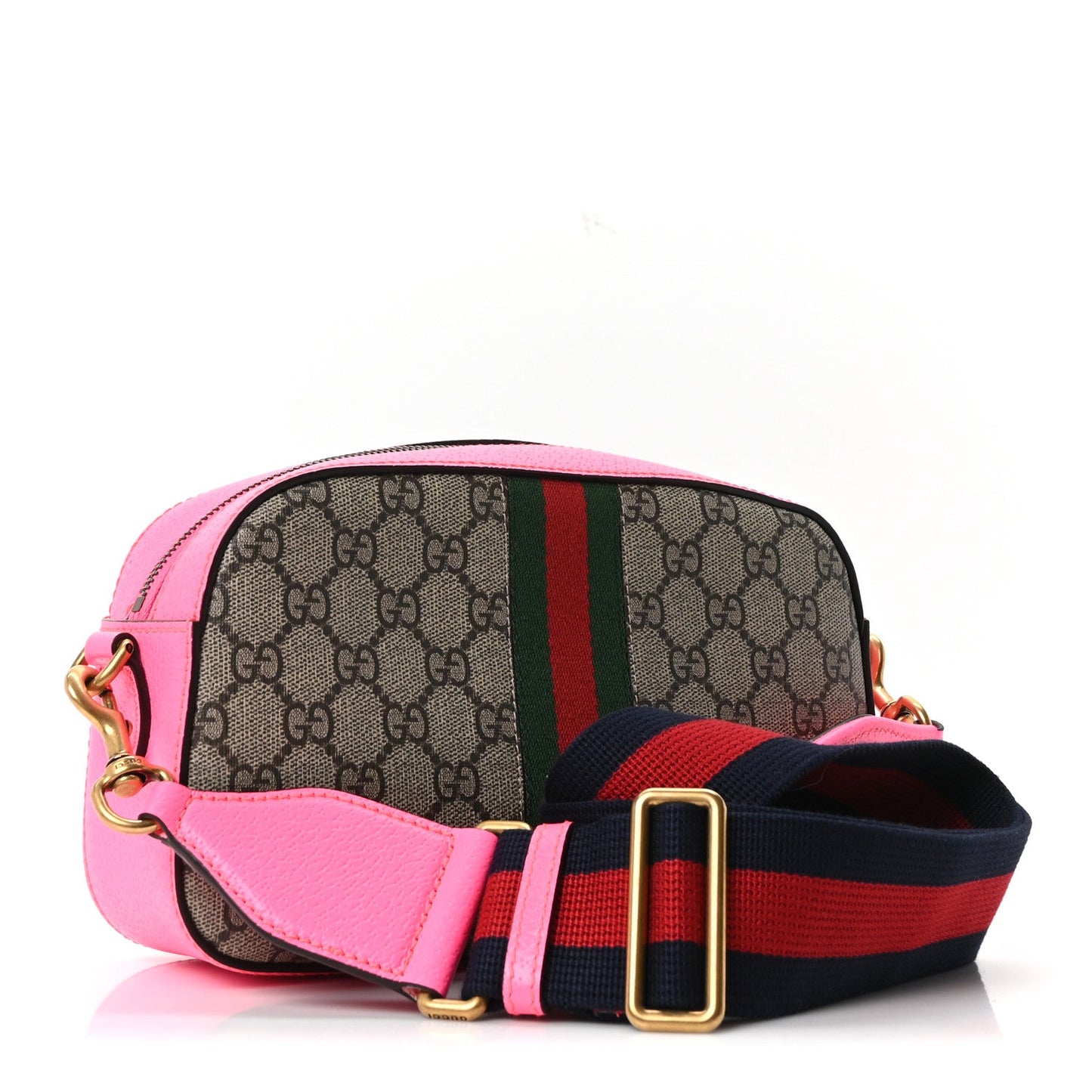 GG Supreme Monogram Textured Dollar Calfskin Web Ophidia Small Crossbody Bag Beige Ebony Fuchsia