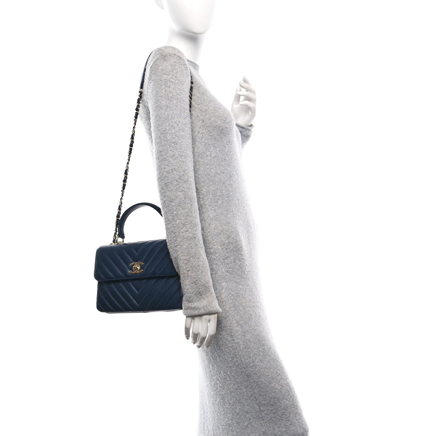 Lambskin Chevron Quilted Small Trendy CC Flap Dual Handle Bag Navy