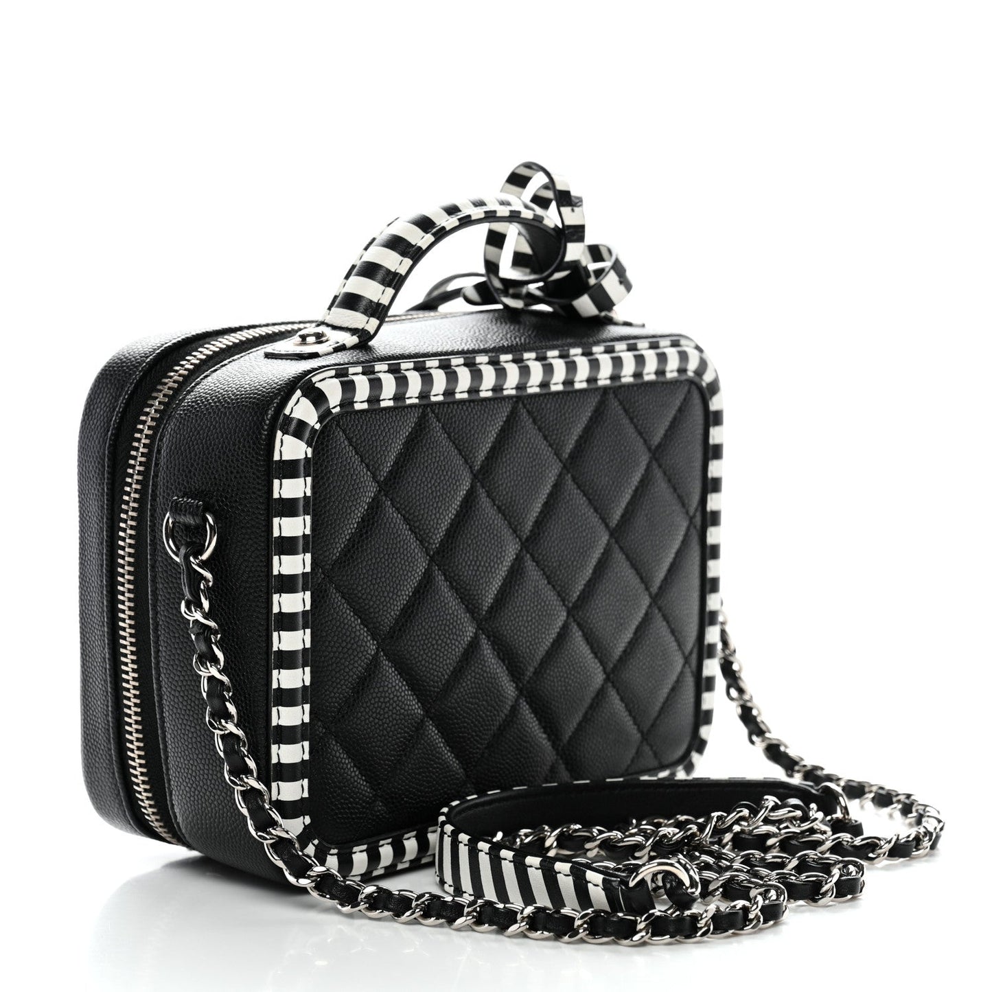 Caviar Quilted Striped Small CC Filigree Vanity Case Black White