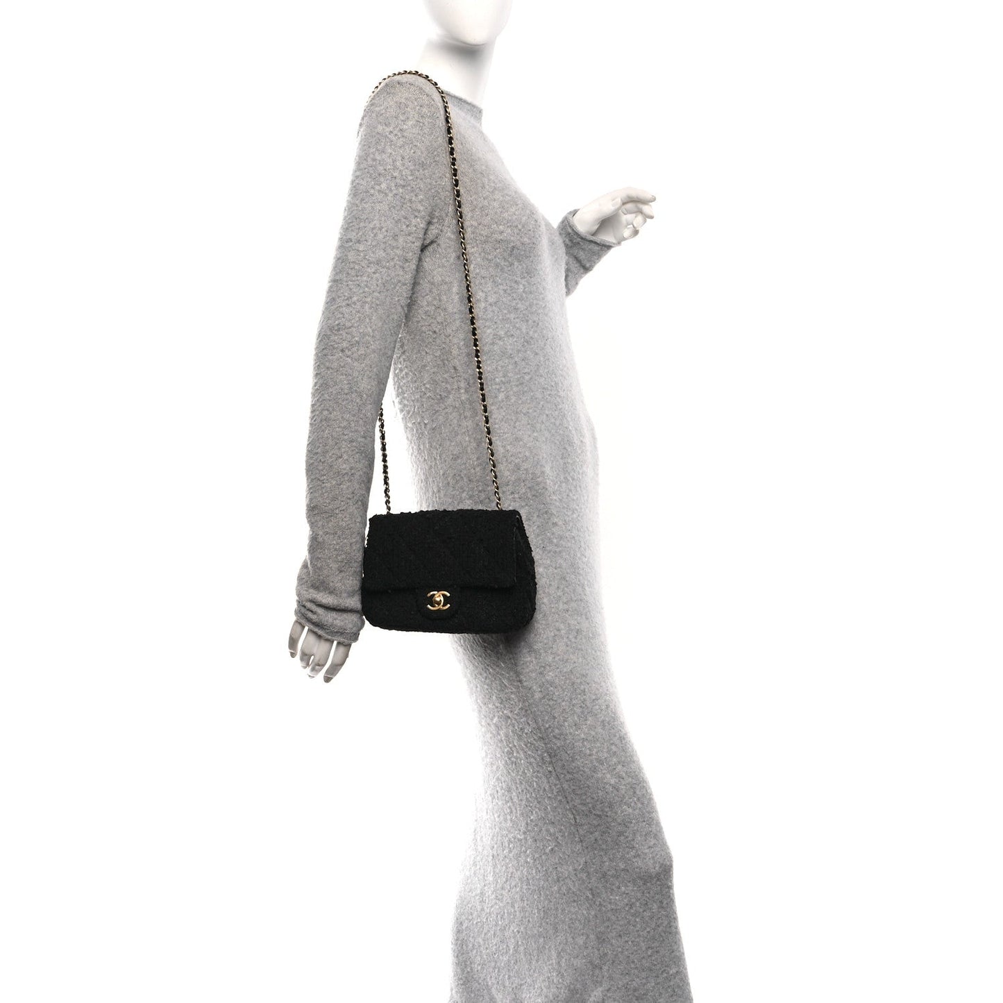 Tweed Quilted Mini Square Flap Black