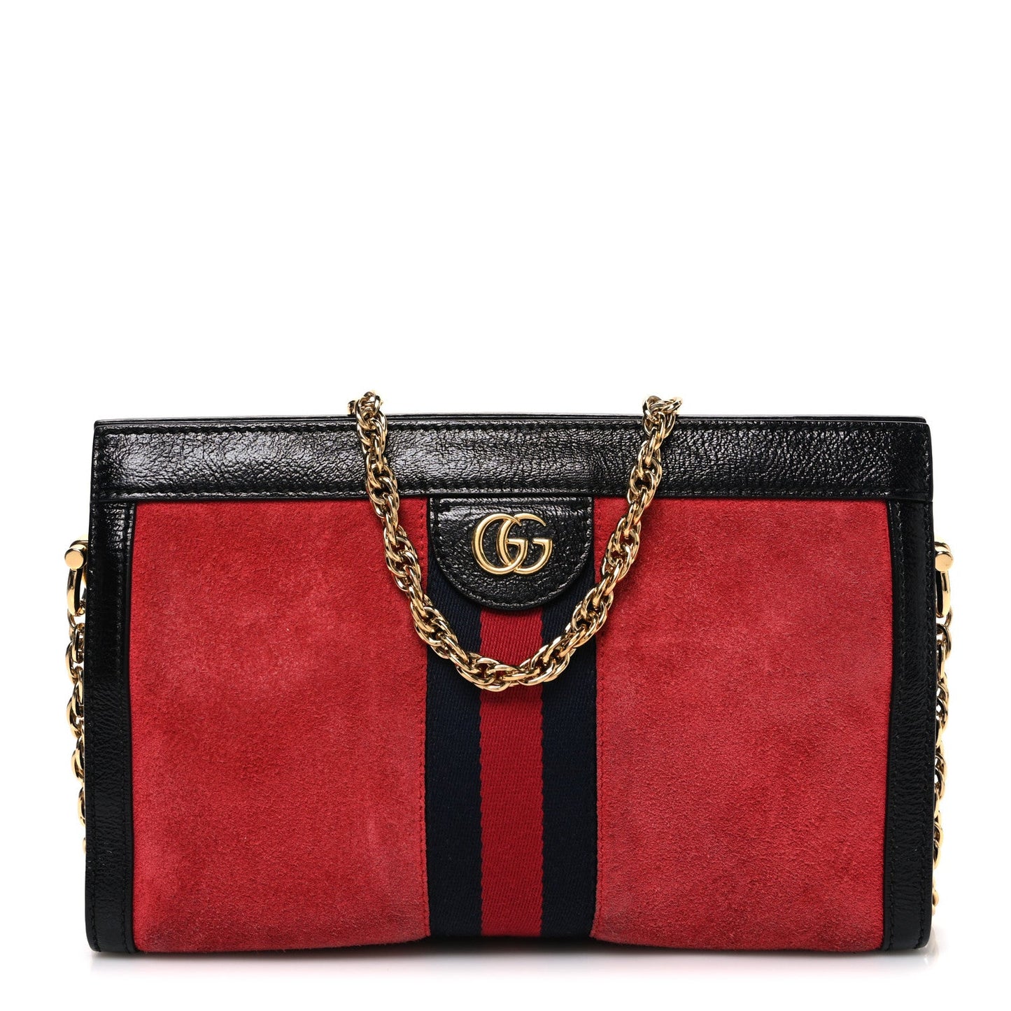 Suede Patent Web Small Ophidia Chain Shoulder Bag Hibiscus Red Black