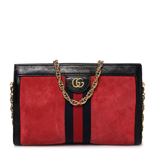 Suede Patent Web Small Ophidia Chain Shoulder Bag Hibiscus Red Black