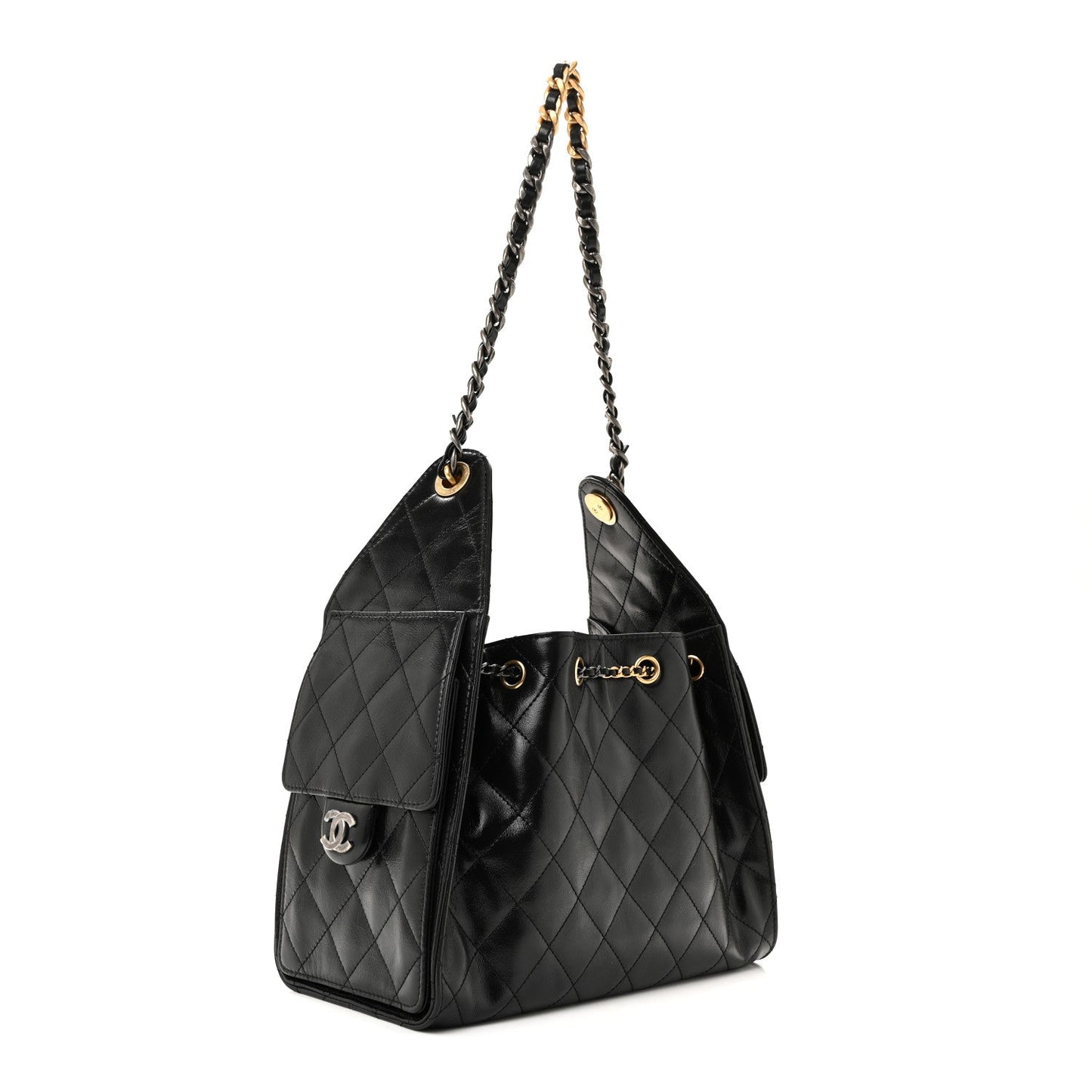 Shiny Crumpled Calfskin Quilted Small Chanel 25 Handbag Black