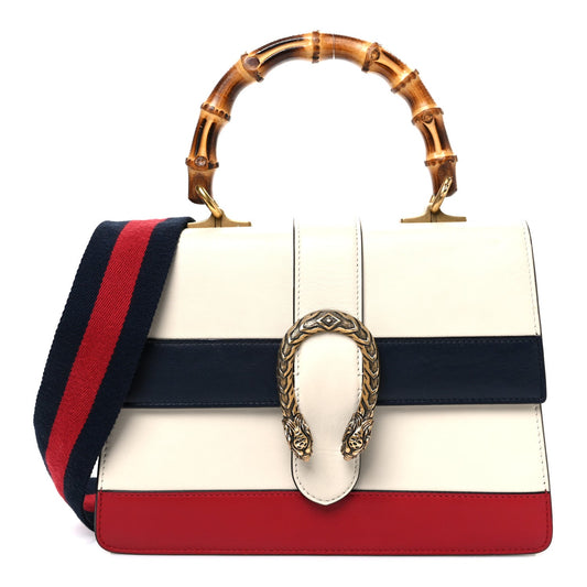 Calfskin Bamboo Web Medium Dionysus Top Handle Bag White Blue Hibiscus Red