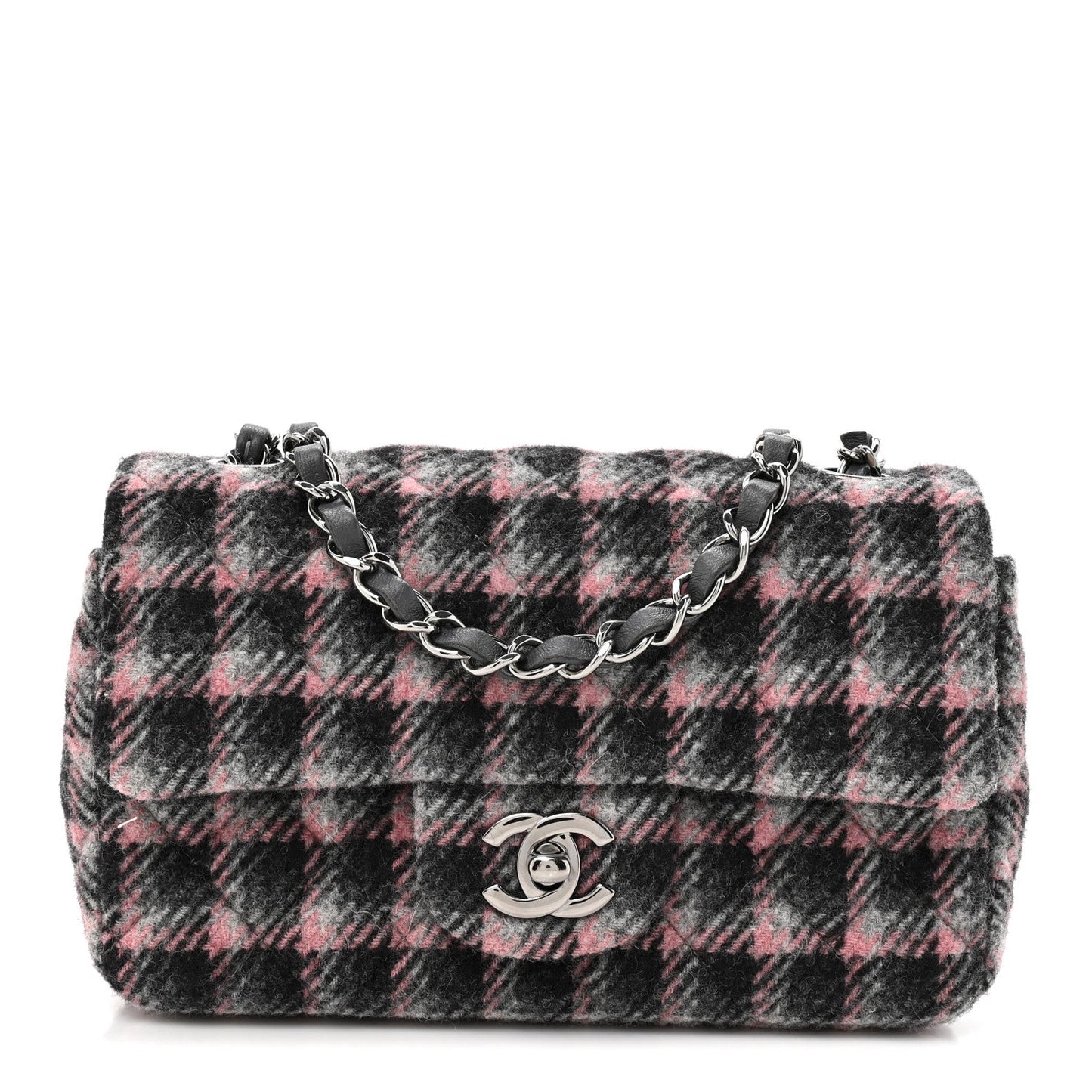 Wool Plaid Quilted Mini Rectangular Flap Pink Grey Multicolor