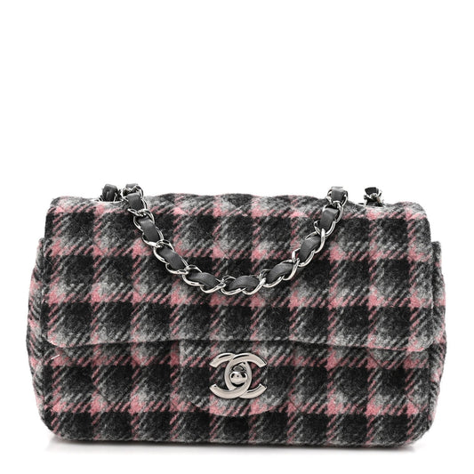 Wool Plaid Quilted Mini Rectangular Flap Pink Grey Multicolor