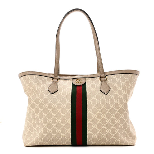 GG Supreme Monogram Textured Dollar Calfskin Web Medium Ophidia Shopping Tote Beige Mystic White Oatmeal