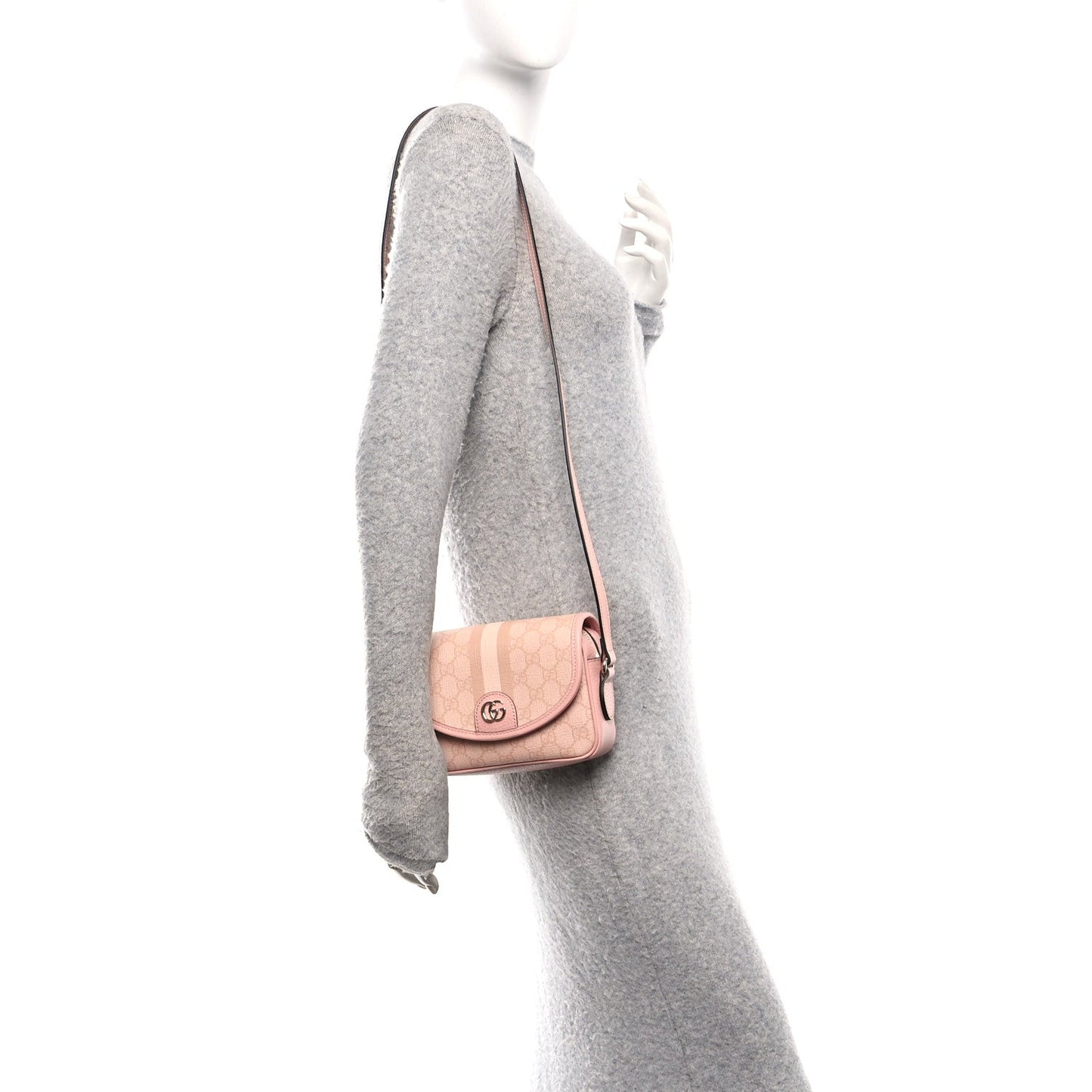 GG Supreme Monogram Textured Dollar Calfskin Mini Ophidia Flap Shoulder Bag Rose Pink