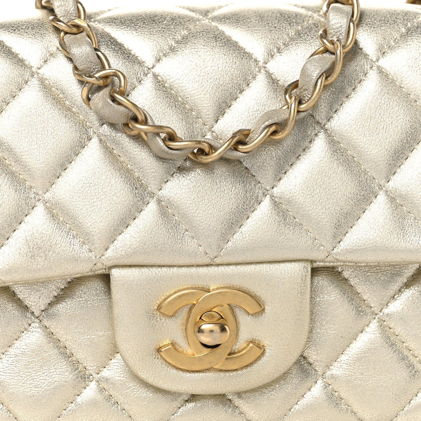 Metallic Lambskin Quilted Mini Rectangular Flap Gold