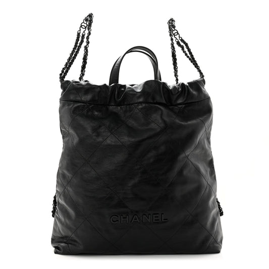 Shiny Calfskin Quilted Chanel 22 Backpack So Black