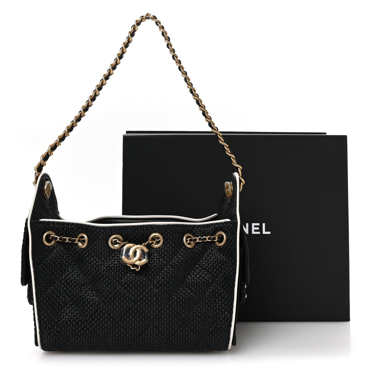 Braided Raffia Calfskin Quilted Mini Chanel 25 Handbag Black White