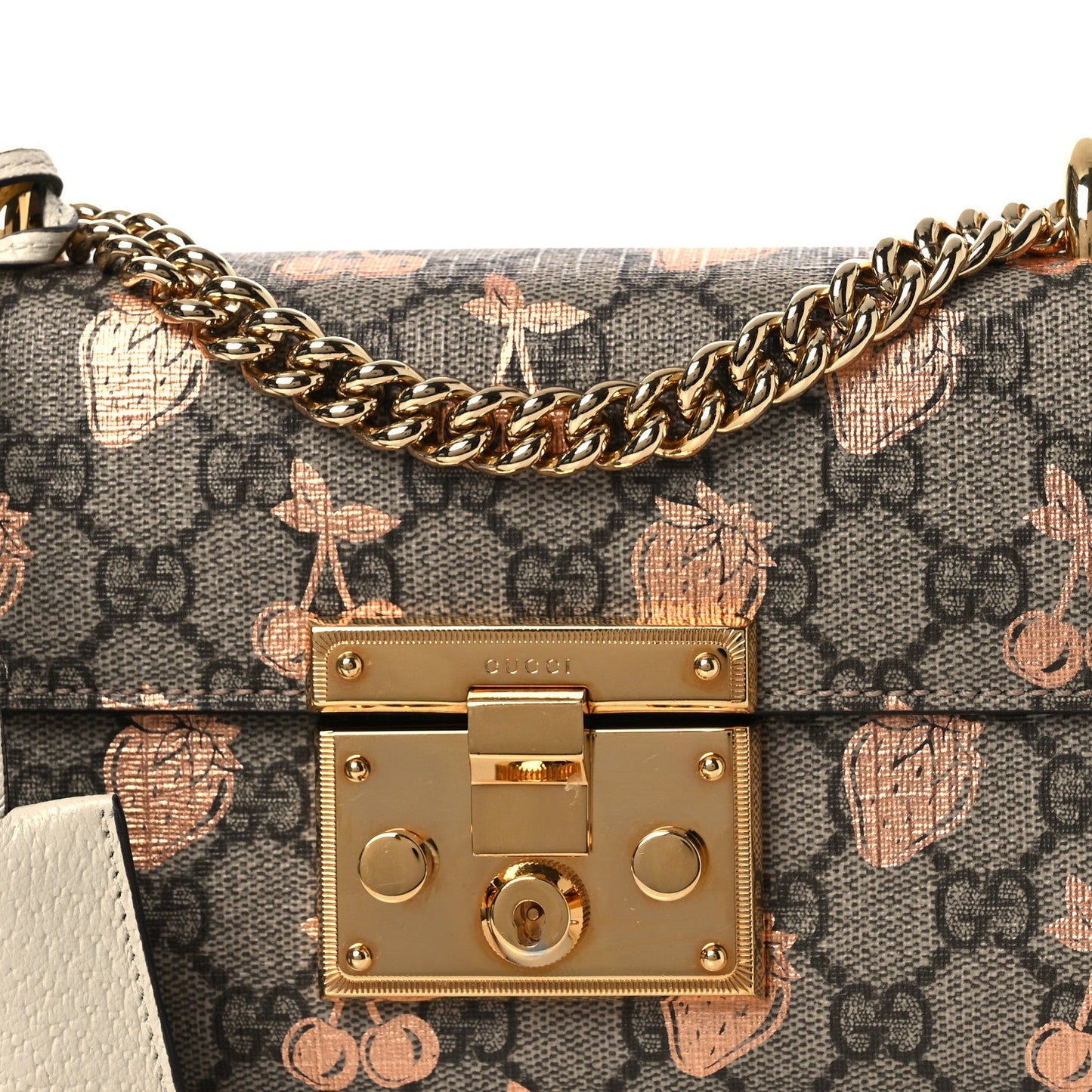 GG Supreme Monogram Berry Textured Dollar Calfskin Small Padlock Shoulder Bag Beige Ebony Light Copper Mystic White