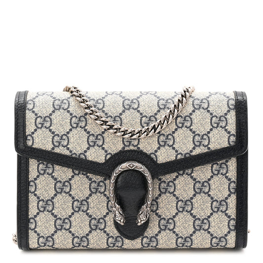 GG Supreme Monogram Textured Dollar Calfskin Mini Dionysus Chain Wallet Beige Blue
