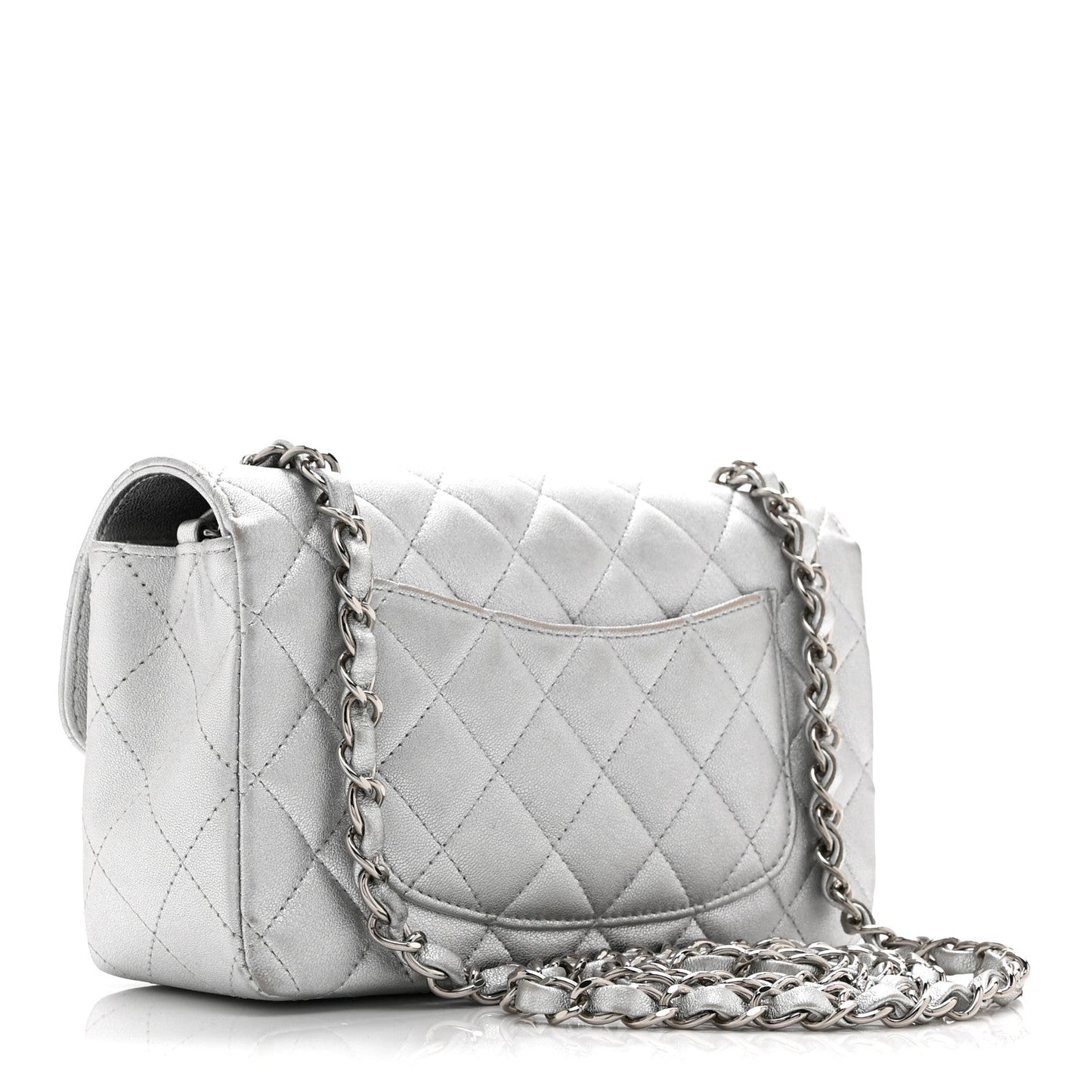 Metallic Lambskin Quilted Mini Rectangular Flap Silver