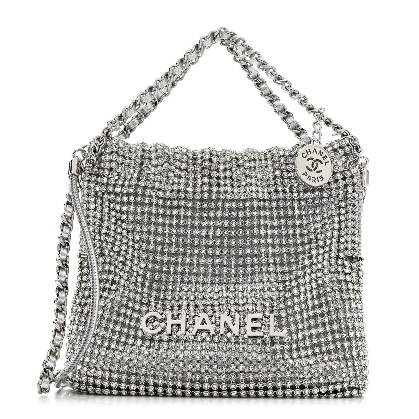 Crystal Embellished Metallic Lambskin Mini Chanel 22 Silver