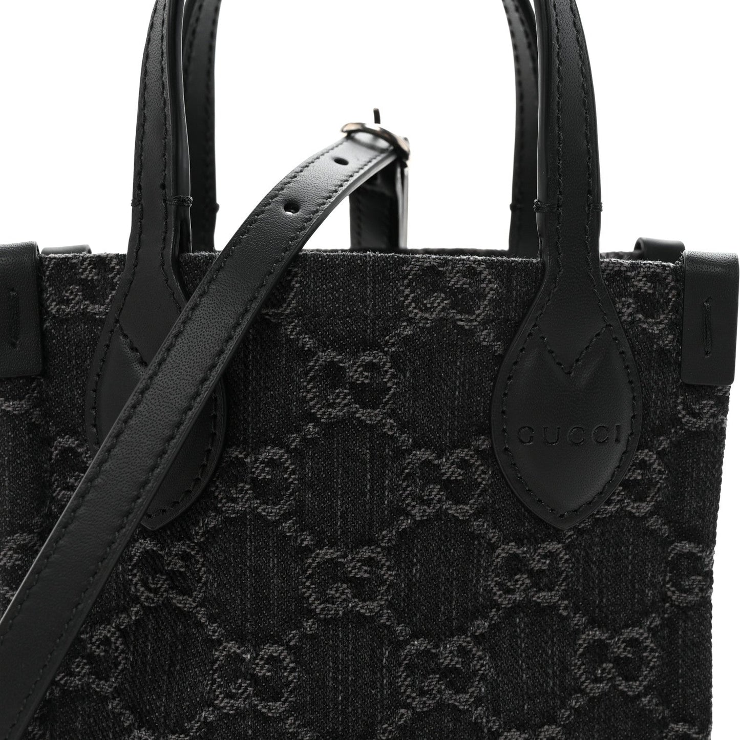 Denim Cuoio Harness GG Monogram Mini Ophidia Tote Bag  Black Medium Grey