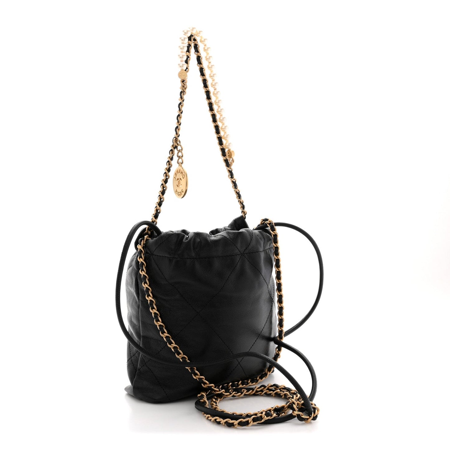 Shiny Crumpled Calfskin Quilted Pearl Mini Chanel 22 Black