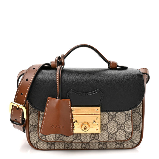 GG Supreme Monogram New Sakai Lux Calfskin Mini Padlock Flap Pocket Shoulder Bag Beige Ebony Black Cuir