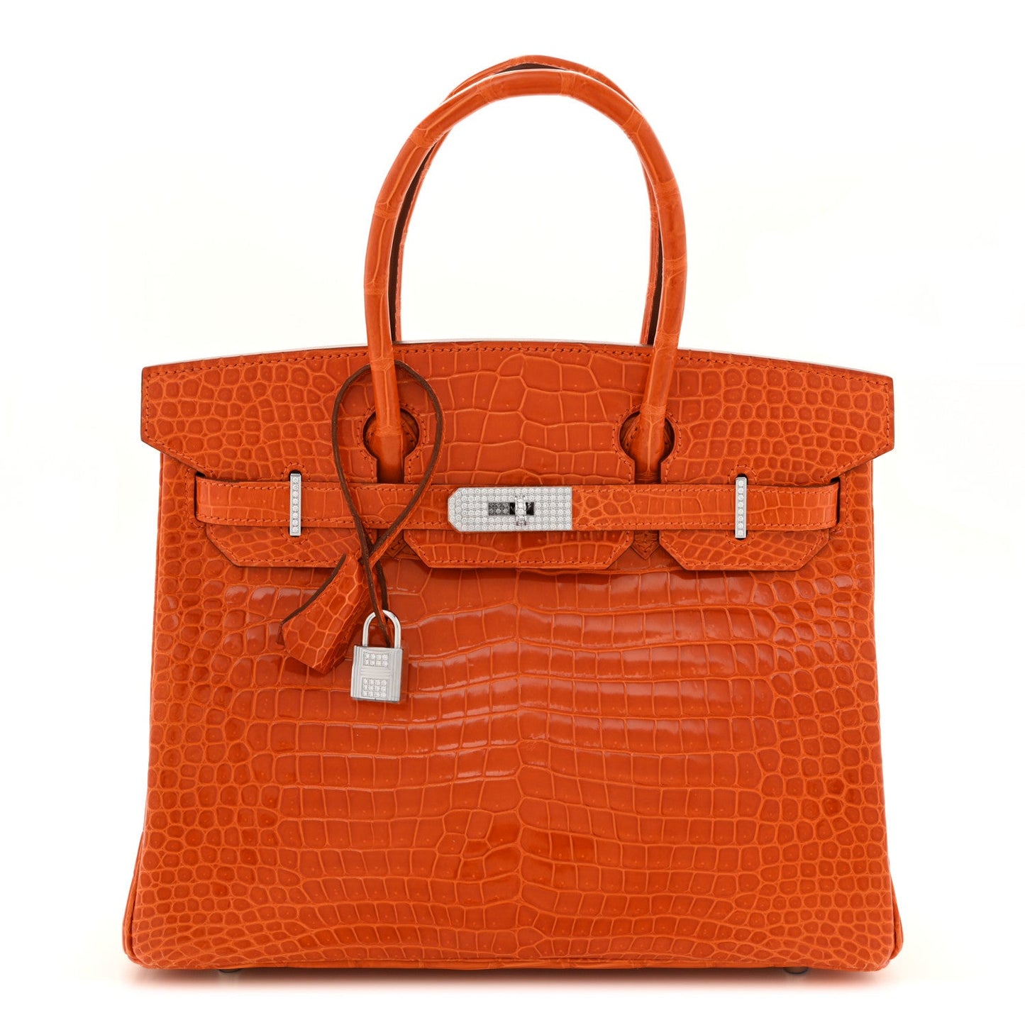 Shiny Porosus Crocodile 18K White Gold Diamond Birkin 30 Orange