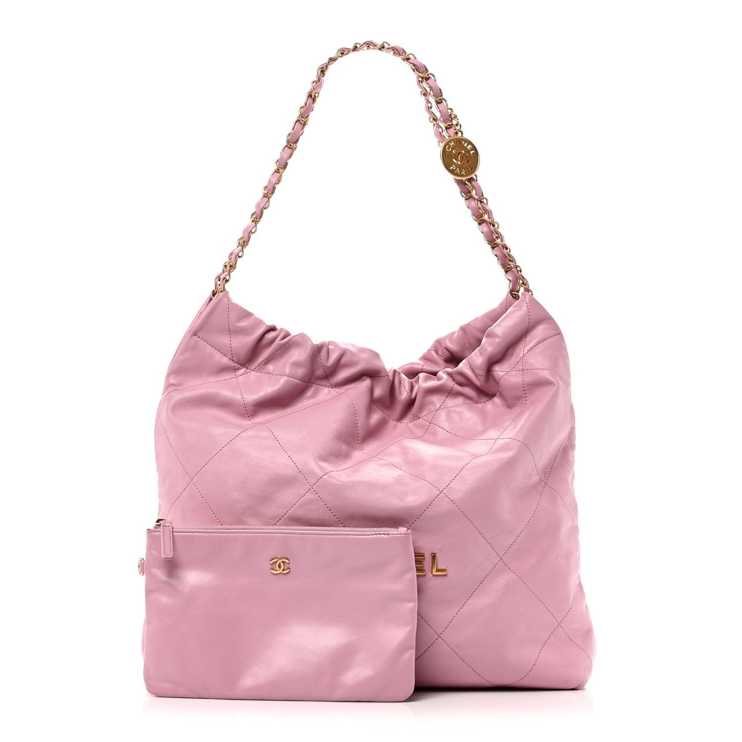 Shiny Calfskin Quilted Chanel 22 Drawstring Bag Pink