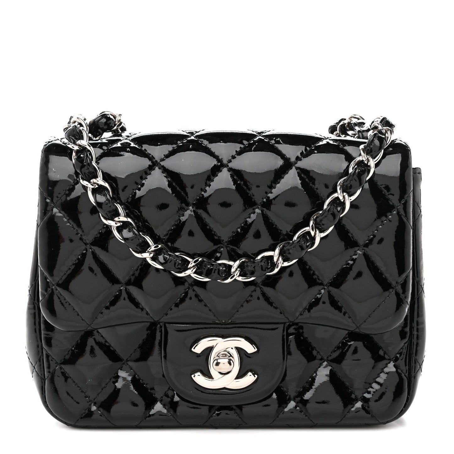Patent Calfskin Quilted Mini Square Flap Black