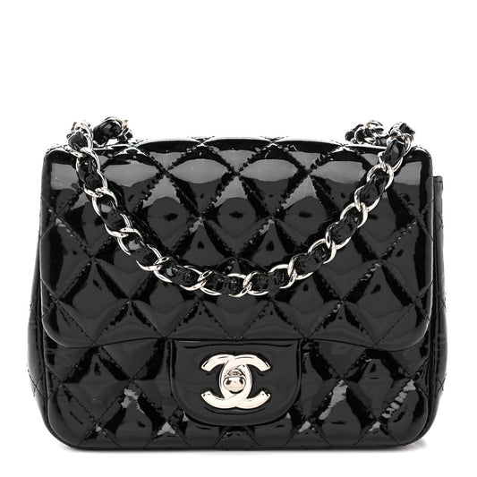 Patent Calfskin Quilted Mini Square Flap Black