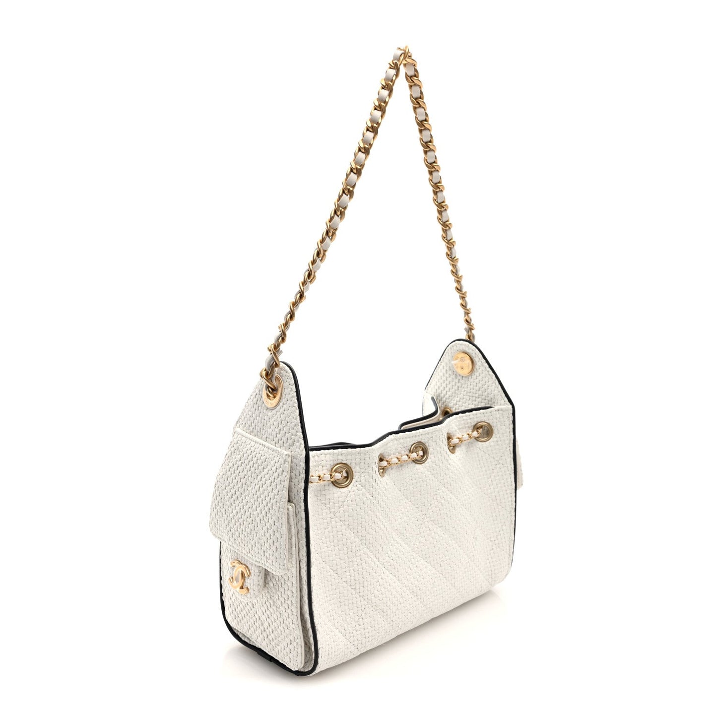 Braided Raffia Calfskin Mini Chanel 25 Handbag White Black